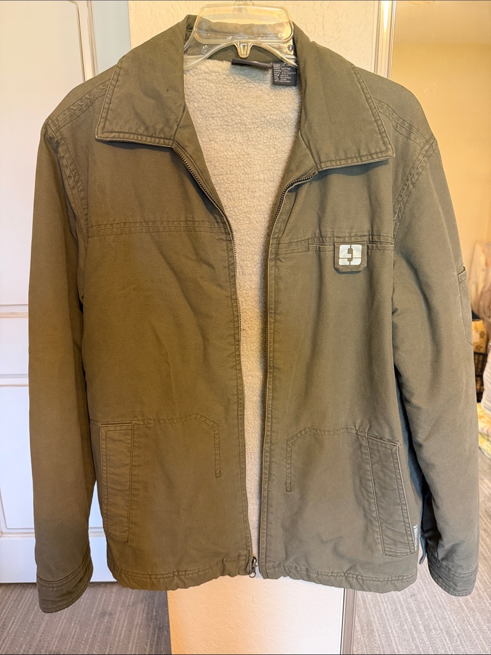 Men's Olive Green Zip-Front Jacket with Sherpa Lining